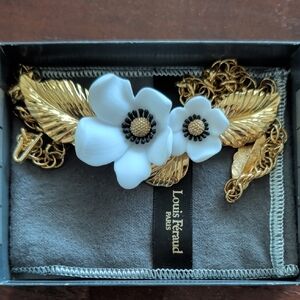 Vintage Louis Feraud Gold and White Floral Necklace with Black Accents